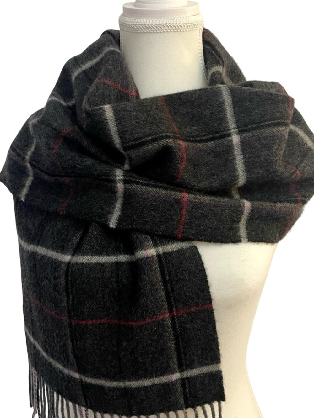 Alan Flusser 100% Cashmere Plaid Scarf Wrap Charcoal Red 31 x 58